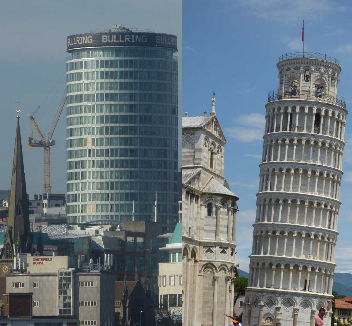Round towers in Birmingham, UK and Pisa, Italy